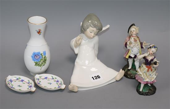 A Herend vase, two dishes, Lladro figure and two others